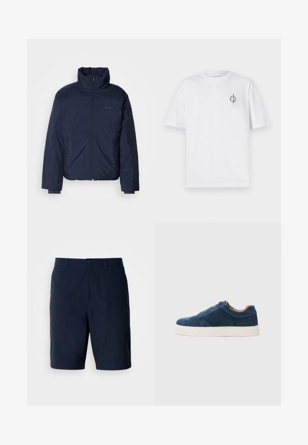 Námornícky prešívaný puff jacket s vysokým golierom a plným predným zipsom. Obsahuje zipsové bočné vrecká a rebrované manžety pre extra teplo.; Biela bavlnená tričko s voľným strihom, s malým čiernym grafickým logom na ľavej strane hrudníka. Krátke rukávy, okrúhly výstrih.; Námornícke modré šortky vyrobené z ľahkého materiálu, s klasickým strihom, zadnými vreckami a predným zapínaním na gombík so zipsom.; Modré semišové tenisky s bielou gumovou podrážkou, šnurovací dizajn, okrúhla špička a kontrastný hnedý interiér. Jemné detaily prešívania.