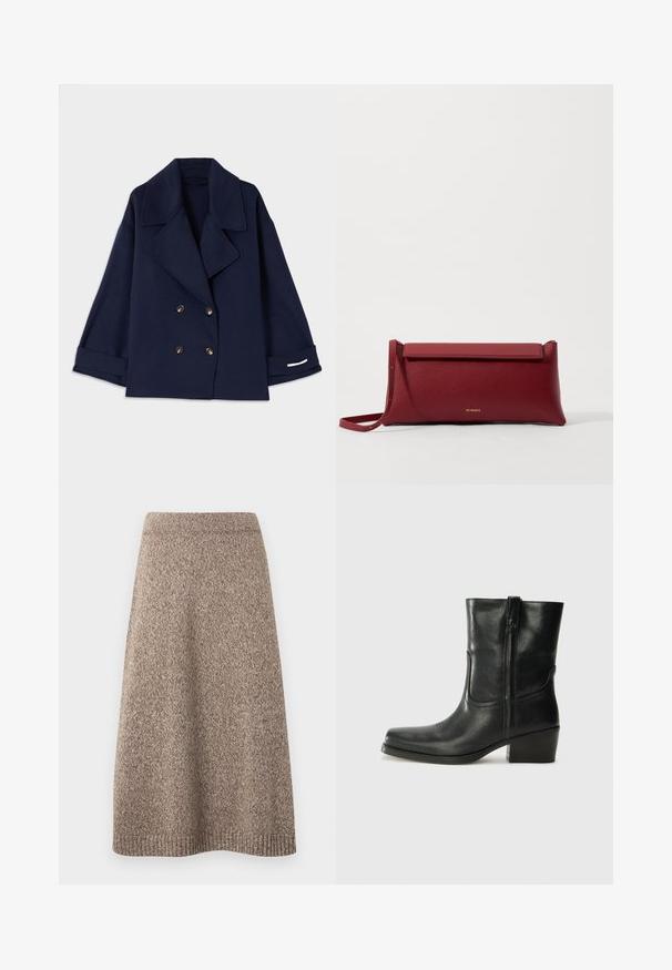 Navyblauer doppelt geknöpfter Mantel mit Reverskragen, goldenen Knöpfen, weitem Ärmel und weißen Ärmeldetails. Hergestellt aus einem glatten Stoff.; Schwarzes Tanktop mit dünnen Spaghetti-Trägern, aus geripptem Stoff, mit geradem Schnitt und einem Etikett am Hals, auf dem "IVY OAK" steht.; Strickrock in einem warmen Braunton mit einem strukturierten Muster, tailliertem Bund und ausgestelltem Schnitt, der am Saum gerippte Akzente aufweist.; Schwarze Leder-Ankle Boots mit runder Zehenform, Blockabsatz, seitlichem Reißverschluss und gestickten Akzenten auf dem Blatt. Glatte Textur, klassisches Design.; Rote Leder-Clutch mit strukturiertem Finish, ausgestattet mit einem flachen Klappdeckel und einem kurzen Tragegriff. Diskretes Markenlogo auf der Vorderseite.