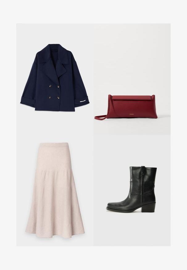 Granatowy płaszcz dwurzędowy z klapami, złotymi guzikami, szerokimi rękawami i białymi detalami przy mankietach. Wykonany z gładkiego materiału.; Czarny top na ramiączkach z cienkimi spaghetti, wykonany z żebrowanej tkaniny, z prostym krojem i metką przy wycięciu na szyję z napisem "IVY OAK."; Jasnobeżowa rozkloszowana spódnica z miękkiego materiału, z wysokim stanem i marszczonym wzorem o zwiewnej sylwetce.; Czarne skórzane botki za kostkę z okrągłym noskiem, słupkowym obcasem, bocznym zamkiem i przeszyciami na cholewce. Gładka tekstura, klasyczny design.; Czerwona skórzana kopertówka o teksturowanym wykończeniu, z płaskim złożonym wierzchem i krótkim paskiem. Subtelne logo marki z przodu.