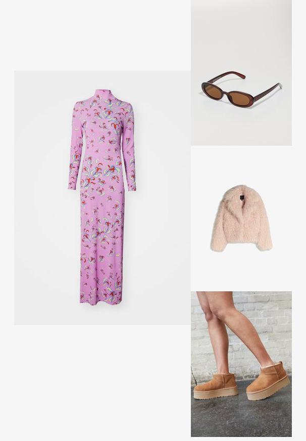 Umělá kožešinová bunda v jemně růžové barvě, s nadýchanou strukturou, zkráceným střihem, širokým límcem a otevřeným předním dílem. Obsahuje dlouhé rukávy a žádné viditelné zapínání.; Dlouhé růžové šaty s vysokým výstřihem a dlouhými rukávy, s barevným abstraktním vzorem po celé ploše. Vyrobeny z měkké a elastické tkaniny.; Hnědé semišové kotníkové boty s měkkou podšívkou, silnou béžovou platformou a zadním poutkem. Texturovaný povrch s viditelnými švy.; Kulaté sluneční brýle hnědé barvy s lesklým burgundským rámem. Úzké nožičky s jemným logem. Rovné čočky.