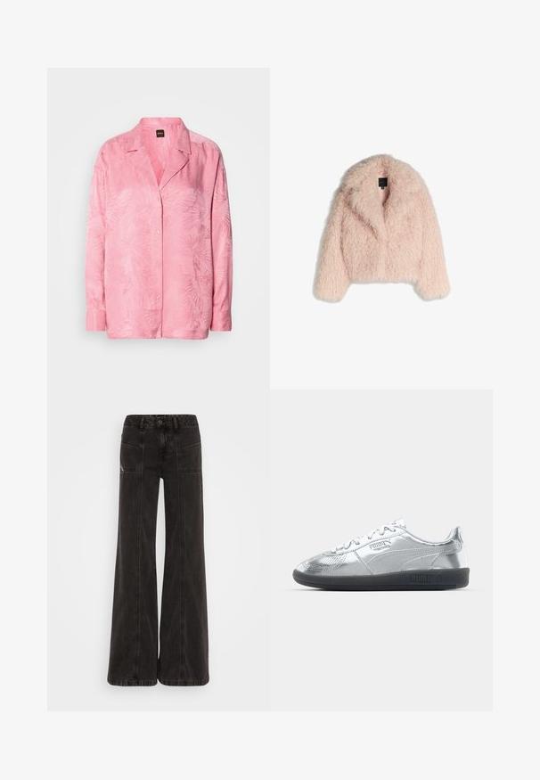 Egy puha rózsaszín műszőrme kabát, bolyhossága miatt lágy tapintású, rövidített fazonú, széles gallérral és nyitott elülső résszel. Hosszú ujjakkal rendelkezik, záródás nélkül.; Világos rózsaszín gombos ing, finom pálmalevél mintával. Simább anyagból készült, laza szabású és klasszikus galléros kialakítással.; Fekete, bő szárú farmernadrág, magas derékkal, elülső zsebekkel és az varratok mentén tónusos cérnával.; Ezüst színű tornacipők sima, fényvisszaverő felső résszel, fekete gumitalppal és klasszikus, fűzős kialakítással. Puma logó az oldalon.