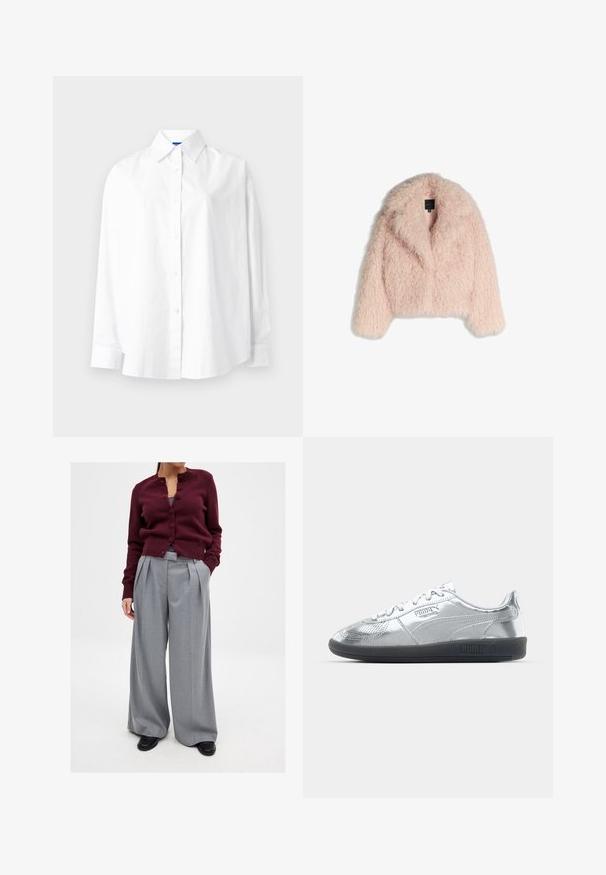 Tekoturkista valmistettu vaaleanpunainen takki, jossa on pehmeä, pörröinen pinta, lyhyt muoto, leveä kaulus ja avoin etuosa. Takissa on pitkät hihat, eikä siinä ole näkyviä kiinnityksiä.; Valkoinen pitkähihaisuus paita, joka on valmistettu puuvillasta. Siinä on klassinen kaulus, nappisuljenta ja brodeerattu logo vasemmassa rinnassa. Tasainen pinta.; Burgundy neulejakku, jossa on napit ja pyöreä kaula-aukko, yhdistettynä harmaisiin pleatattuihin leveiden lahkeiden housuihin ja mustiin kenkiin. Yksinkertainen ja ammattimainen muotoilu.; Hopeat tennis kengät sileällä, heijastavalla päällisellä, joissa on mustat kumipohjat ja klassinen nauhakiinnitys. Puma-logo sivussa.