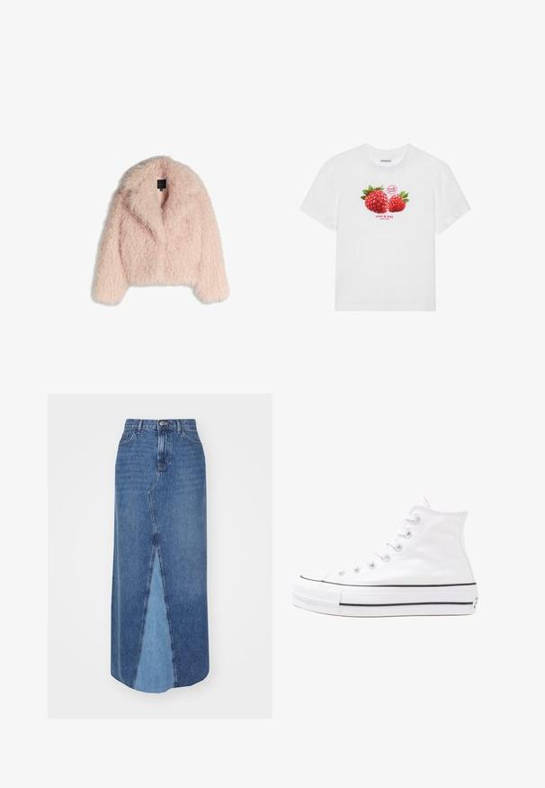 Faux furjas in zachtroze met een fluffy textuur, cropped design, brede kraag en een open voorkant. Heeft lange mouwen en geen zichtbare sluitingen.; Witte katoenen T-shirt met een graphic van twee rode frambozen met groene bladeren, en de teksten "verse vruchten" en "zoet & lekker" eronder.; Jeans maxi rok met hoge taille, een split aan de voorkant en een kleurblokontwerp in donkerdere en lichtere tinten blauw.; Witte high-top canvas sneakers met een zwarte rubberen zool, een rubberen neuskap aan de voorkant en zes gaatjes voor veters, met een schone, minimalistische uitstraling.
