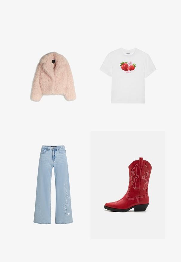 Jachetă din blană artificială, de culoare roz deschis, cu o textură pufoasă, design scurt, guler larg și deschidere frontală. Are mâneci lungi și nu are închideri vizibile.; Tricou alb din bumbac, cu un grafic ce reprezintă două zmeuri roșii cu frunze verzi și textul "fructe proaspete" și "dulci și gustoase" dedesubt.; Jeans cu picioare largi de culoare albastru deschis din denim, cu text brodat "Donald și Daisy" pe piciorul stâng. Prezintă un design clasic cu cinci buzunare și bucle pentru curea.; ONLY SHOES ONLBRONCO MID - Cizme cowboy/biker - red