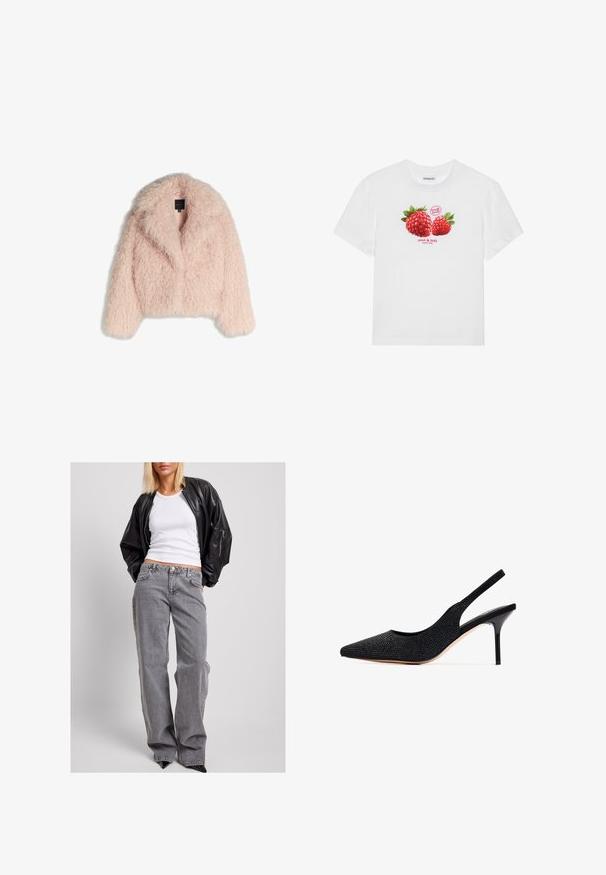 Giacca in pelliccia sintetica di un morbido rosa con una texture soffice, design corto, ampio colletto e davanti aperto. Presenta maniche lunghe e nessuna chiusura visibile.; Maglietta bianca in cotone con una grafica di due lamponi rossi con foglie verdi, e la scritta "frutta fresca" e "dolce e gustosa" sottostante.; Giacca bomber nera in pelle, canotta bianca a costine e jeans in denim grigio a vita alta con vestibilità morbida, cuciture sottili e tasche a contrasto.; Pompa slingback nera con punta affusolata, decorata con strass. Presenta un design elegante, tacco a stiletto alto e rivestimento interno liscio.