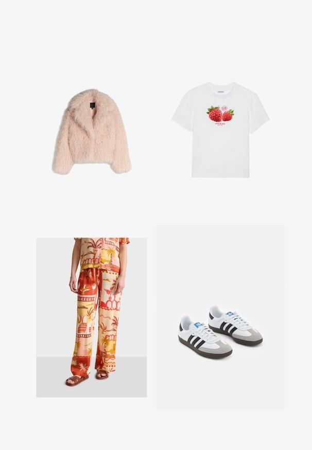 Kurtka z sztucznego futra w delikatnym różowym kolorze, o puszystej fakturze, krótkim kroju, szerokim kołnierzu i otwartym przodzie. Posiada długie rękawy i brak widocznych zapięć.; Biała bawełniana koszulka z grafiką dwóch czerwonych malin z zielonymi liśćmi oraz tekstem "świeże owoce" i "słodkie i smaczne" poniżej.; Dwuczęściowy zestaw z lnu z krótkim rękawem, w kwiatowy wzór, oraz szerokimi spodniami w ciepłych odcieniach czerwieni, pomarańczu i żółci.; Buty sportowe z białą skórzaną cholewką, szarym zamszowym noskiem i trzema czarnymi paskami. Posiadają niebieskie logo na języku oraz teksturowaną gumową podeszwę.