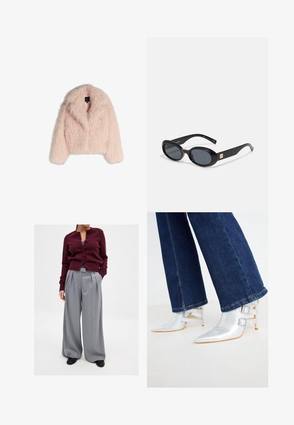 Jakna iz umetnega krzna v mehko roza barvi z puhasto teksturo, skrajšan dizajn, širok ovratnik in odprt sprednji del. Ima dolge rokave in brez vidnih zapiranj.; Bela kratka majica s kratkimi rokavi iz bombaža. Ima okroglo izrezovanje in sproščen kroj. Gladka tekstura brez vidnih vzorcev ali poudarkov.; Burgundska pletena cardigan s gumbi in okroglim izrezom, kombinirana s sivimi širokimi hlačami s plisejem in črnimi čevlji. Preprost in profesionalen dizajn.; Srebrni, kovinski gležnjači s izostrenim nosom in dvema zaponkama. Nosijo se z temno modrimi, rahlo razširjenimi kavbojkami.; Črne ovalne sončna očala s temnimi lečami, sijajnim plastičnim ohišjem, širokimi ročaji in majhnim zlatim naglavkom na eni strani.