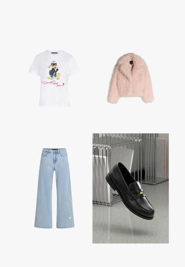 Jachetă din blană artificială, de culoare roz deschis, cu o textură pufoasă, design scurt, guler larg și deschidere frontală. Are mâneci lungi și nu are închideri vizibile.; Tricou alb din bumbac, având o ilustrație colorată de desene animate cu o rață îmbrăcată în costum și ochelari de soare, și text roșu care spune "Donald și Karl."; Jeans cu picioare largi de culoare albastru deschis din denim, cu text brodat "Donald și Daisy" pe piciorul stâng. Prezintă un design clasic cu cinci buzunare și bucle pentru curea.; Mocasini din piele neagră cu un finisaj neted, având o bandă decorativă și un mic accent de aur. Talpa este plată, cu vârful rotunjit.