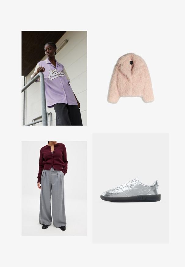 Faux fur jacket in soft pink with a fluffy texture, cropped design, wide collar, and open front. Features long sleeves and no visible closures.; Lilac short-sleeve shirt with a cream-color collar, featuring a large white cursive logo on the front. Model stands against a metal railing.; Burgundy knit cardigan with buttons and a round neck, paired with gray pleated wide-leg trousers and black shoes. Simple and professional design.; Silver sneakers with a smooth, reflective upper, featuring black rubber soles and classic lace-up design. Puma logo on the side.