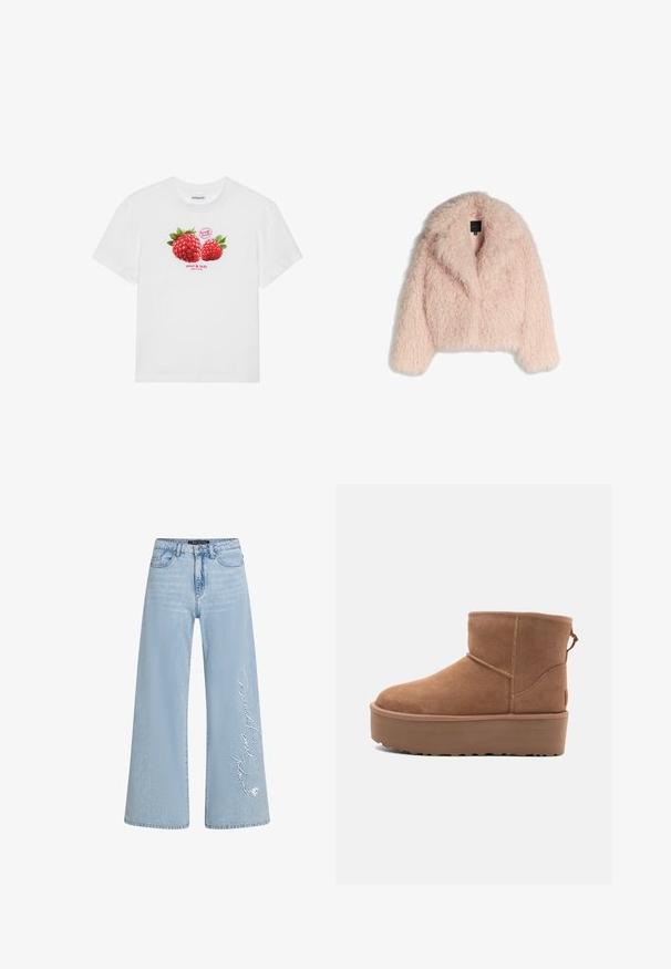 Jachetă din blană artificială, de culoare roz deschis, cu o textură pufoasă, design scurt, guler larg și deschidere frontală. Are mâneci lungi și nu are închideri vizibile.; Tricou alb din bumbac, cu un grafic ce reprezintă două zmeuri roșii cu frunze verzi și textul "fructe proaspete" și "dulci și gustoase" dedesubt.; Jeans cu picioare largi de culoare albastru deschis din denim, cu text brodat "Donald și Daisy" pe piciorul stâng. Prezintă un design clasic cu cinci buzunare și bucle pentru curea.; Botine din suede de culoare bej, cu talpă platformă, vârf rotund și detalii de cusătură; dispune de un mânere la spate pentru a fi ușor de încălțat.
