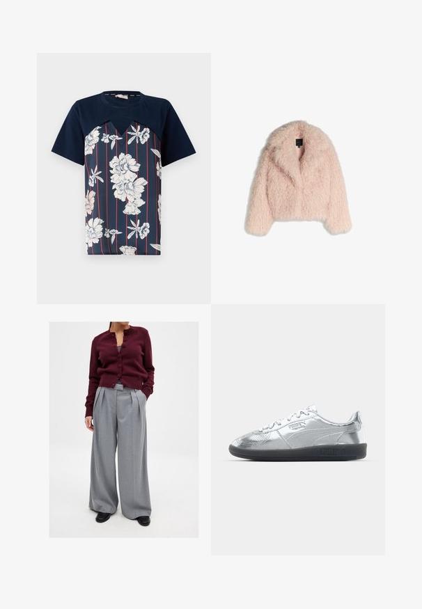 Faux fur jacket in soft pink with a fluffy texture, cropped design, wide collar, and open front. Features long sleeves and no visible closures.; Navy blue t-shirt with floral print in white and light pink, featuring vertical red stripes and a v-shaped neckline. Short sleeves.; Burgundy knit cardigan with buttons and a round neck, paired with gray pleated wide-leg trousers and black shoes. Simple and professional design.; Silver sneakers with a smooth, reflective upper, featuring black rubber soles and classic lace-up design. Puma logo on the side.