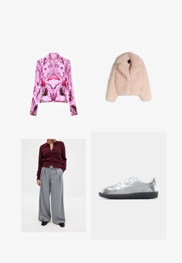 Faux fur-jacka i mjuk rosa med en fluffig textur, kortad design, bred krage och öppen framsida. Har långa ärmar och inga synliga stängningar.; Desigual Långärmad tröja - rosa desierto; Burgundy stickad cardigan med knappar och rund hals, i kombination med grå plisserade vida byxor och svarta skor. Enkel och professionell design.; Silversneakers med en slät, reflekterande ovandel, med svarta gummisulor och klassisk snördesign. Puma-logotyp på sidan.