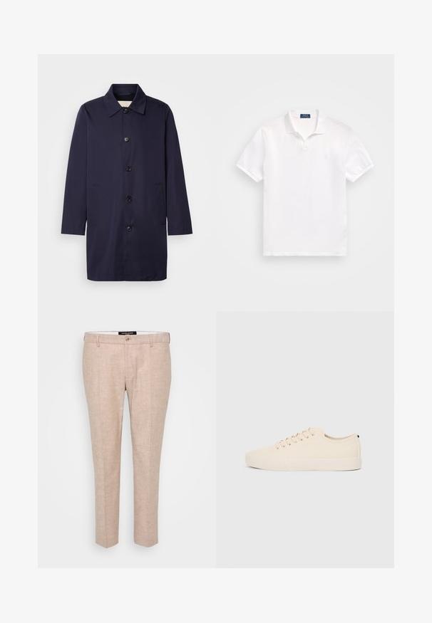 Palton bleu marin dintr-un material neted, cu guler, nasturi în față și buzunare laterale. Prezintă o croială dreaptă și mâneci lungi.; Cămașă polo albă din bumbac, cu o deschidere cu două butoane, mâneci scurte și un logo subtil pe pieptul stâng. Textură netedă.; Pantaloni bej deschis dintr-o țesătură de in amestec, cu un front plat, bucle pentru curea și o închidere cu un singur nasture. Design croi drept.; Tenisi din pânză bej cu vârf rotund, talpă plată din cauciuc și șireturi în față. Au un design minimalist și un accent contrastant negru la călcâi.