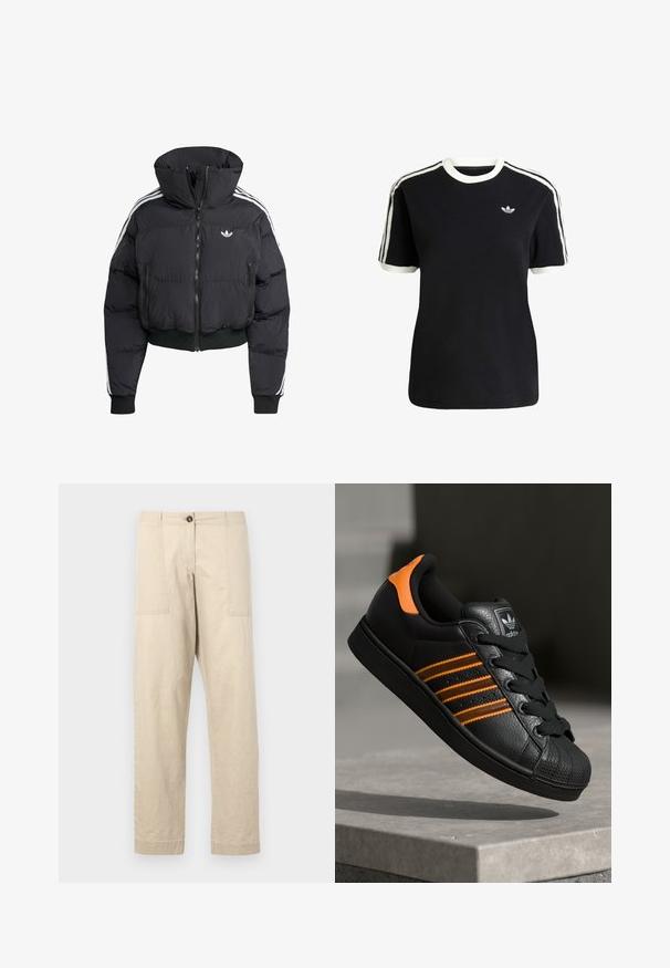Crna puffer jakna s visokim ovratnikom, prednjim zatvaračem, dva džepa sa zatvaračem i bijelim bočnim trakama. Ima rebraste manžete i rub.; Crna pamučna majica s bijelim detaljima na ovratniku i rukavima, s tri bijele pruge na svakom ramenu i malim logotipom na prsima.; Bež pamuk hlače ravnog kroja s prednjim džepovima, zatvorenjem na dugme i manžetama. Glatka tekstura i minimalistički dizajn.; Crni tenisice s narančastim naglascima, tri horizontalne pruge, teksturirani kožni gornji dio, gumen kapica za prste i crne vezice.