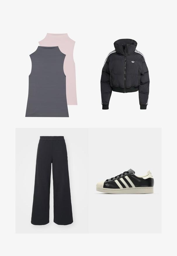 Crna puffer jakna s visokim ovratnikom, prednjim zatvaračem, dva džepa sa zatvaračem i bijelim bočnim trakama. Ima rebraste manžete i rub.; Dva bezrukava topa izrađena od mekanog materijala; jedan sivi i jedan svijetlo ružičasti. Obojica imaju visoki izrez i glatku teksturu.; Crne široke sweatpants hlače napravljene od mekog materijala, s elastičnim strukom i malim logotipom s lijeve strane.; Crni kožni tenisice s bijelim prugama, gumeni zaštitni vrh, crne vezice i bijela potplata boje krem. Glatka tekstura s sjajnim završetkom.