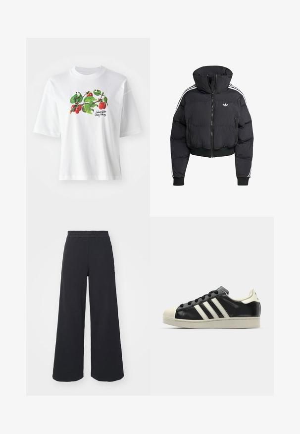 Chaqueta acolchada negra con cuello alto, cremallera frontal, dos bolsillos con cremallera y franjas laterales blancas. Presenta puños y dobladillo acanalados.; Camiseta de algodón blanca con mangas cortas, que presenta un diseño colorido de frutas y hojas en el centro. El texto dice "Carhartt WIP Cream of the crop."; Pantalones de chándal negros de pierna ancha, hechos de una tela suave, con una cintura elástica y un pequeño logo en el lado izquierdo.; Zapatilla de cuero negro con rayas blancas, puntera de goma, cordones negros y suela color crema. Textura suave con acabado brillante.