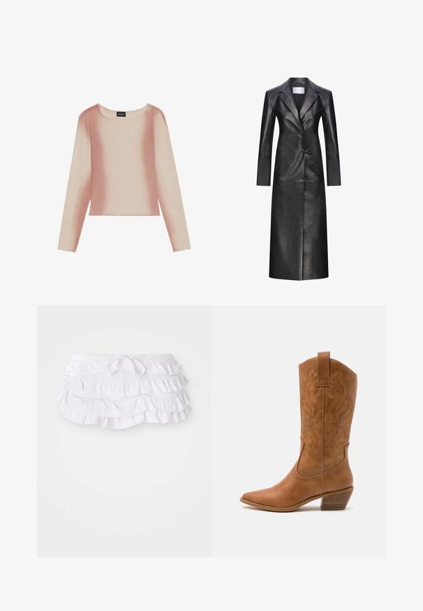 Fekete bőr hosszú kabát, egygombos fazonnal, bemetszett gallérral, hosszú ujjakkal és sima textúrával. Két gombbal és egyenes szabással rendelkezik.; Hosszú ujjú felső puha, rugalmas anyagból. A világos bézs színből a rózsaszínes árnyalatba fokozatosan átmenő színű, lekerekített nyakkivágással és rövidített szabással.; Fehér hosszú ujjú blúz klasszikus gallérral, elöl gombos záródással és összegyűrt oldali részletekkel. Simára szőtt anyag, testhez álló fazonban.; Fehér, fodros fürdőszoknya többrétegű kialakítással, húzózsinórral a derék beállításához. Puha anyag, sima felülettel.; Barna bőr cowboy csizma hegyes orral, hímzett örvény mintákkal a szárán, és stílusos, réteges blokk sarokkal. Kihúzó füle segíti a könnyű felhúzást.