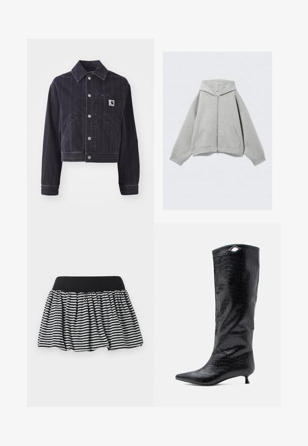 Tmavě modrá džínová bunda s vertikálními pruhy, zkrácený design, límec s špičkou, zapínání na přední knoflíky a náprsní kapsa s logem.; Šedá mikina na zip vyrobená z měkké směsi bavlny, s kapucí, klokankovými kapsami a žebrovanými manžetami. Uvolněný oversized střih.; Bílý bavlněný tričko s krátkým rukávem a kulatým výstřihem. Obsahuje růžovou etiketu na vnitřní straně límce. Hladká textura.; Černobílá pruhovaná sukně se sklady a elastickým pasem, vyrobená z měkkého materiálu. Má roztřepený tvar pro objem.; Černé kozačky do výšky kolen vyrobené z lesklé kůže s krokodýlím vzorem, s špičatou špičkou a malým podpatkem typu kitten heel, ozdobené úhlovým stříbrným akcentem na vrchu.