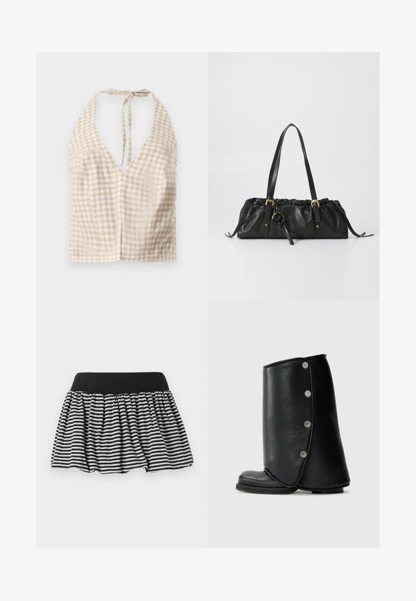 Jachetă din denim închis, cu dungi verticale, design scurt, guler tip punct, închidere frontală cu butoane și buzunar pe piept cu patch logo.; Top halter croppat în gingham bej și alb, cu decolteu adânc în V, închidere cu legare la spate și o textură ușoară. Două cusături mici în față adaugă detaliu.; Fustă dungată alb-negru cu un design plisat și bandă elastică, realizată din material moale. Dispune de o formă evazată pentru volumul dorit.; Botine negre din piele, cu un design curbat, având vârful rotunjit și butoane decorative argintii pe partea exterioară.; Geantă de mână din piele neagră cu un vârf plisat, două mânere pentru umăr, accesorii de culoare aurie și un accent circular central. Textură netedă, formă compactă.