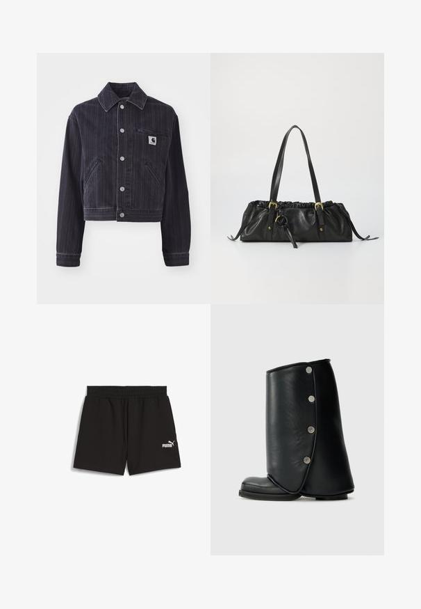 Tamsiai mėlynas džinsinis švarkas su vertikaliomis juostomis, trumpas dizainas, taško tipo apykaklė, priekinis mygtukų uždarymas ir krūtinės kišenė su logotipo pleistru.; Tamsiai pilkas liemenėlės tipo marškinėlis su apvaliomis iškirpėmis, puošti išsibarstytomis metalinėmis apvalių ir kvadratinių formų detalėmis. Minkšta, prigludusi medžiaga.; Juodi sportiniai šortai, pagaminti iš lengvos medžiagos. Su elastinga juosmeninę ir šoninėmis kišenėmis. Balta Puma logotipas apačioje kairėje pusėje.; Juodi odiniai kulkšniniai batai su išlenktu dizainu, turintys apvalų pirštą ir dekoratyvinius sidabrinius mygtukus išorinėje pusėje.; Juodas odinis rankinė su susiraukšlėjusiu viršumi, dviem petnešomis, auksinės spalvos detalėmis ir centriniu apvaliu akcentu. Lygi tekstūra, kompaktiška forma.
