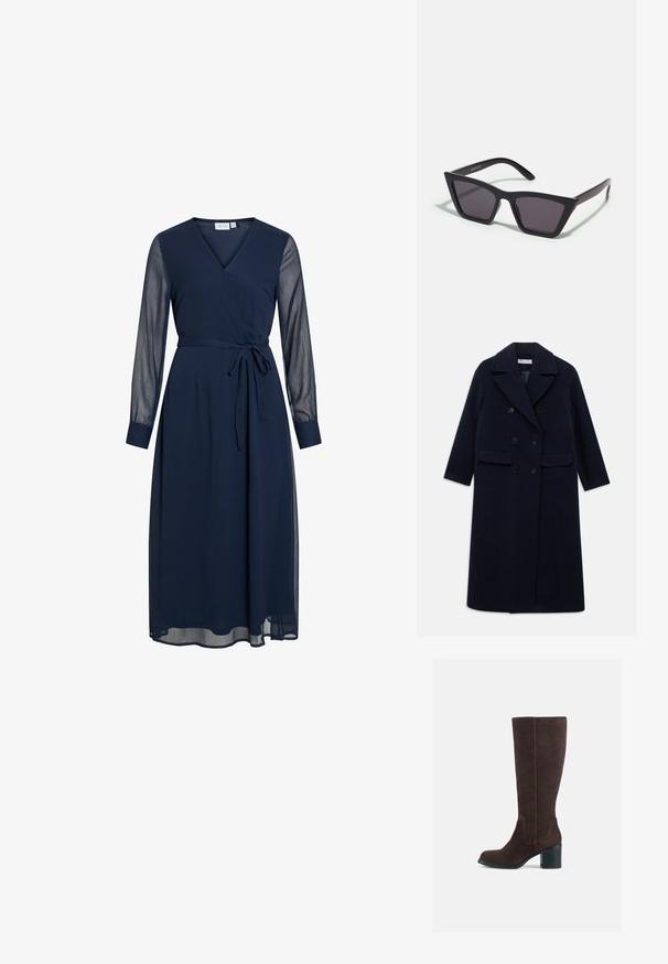 Casaco de lã azul-marinho de duplo peito, com lapelas largas, seis botões pretos, dois bolsos frontais com pala e mangas longas.; Vestido envolvente azul marinho com decote em V profundo, mangas longas transparentes e cinto amarrado. Apresenta uma saia fluida com uma textura em camadas.; Botas castanhas de camurça até ao joelho com um salto bloco e um acabamento suave. Bico arredondado e detalhes de costura distintos na canela.; Óculos de sol pretos, angulares, com lentes cinzas; feitos de plástico, apresentando hastes grossas com uma superfície lisa e sem hardware visível.