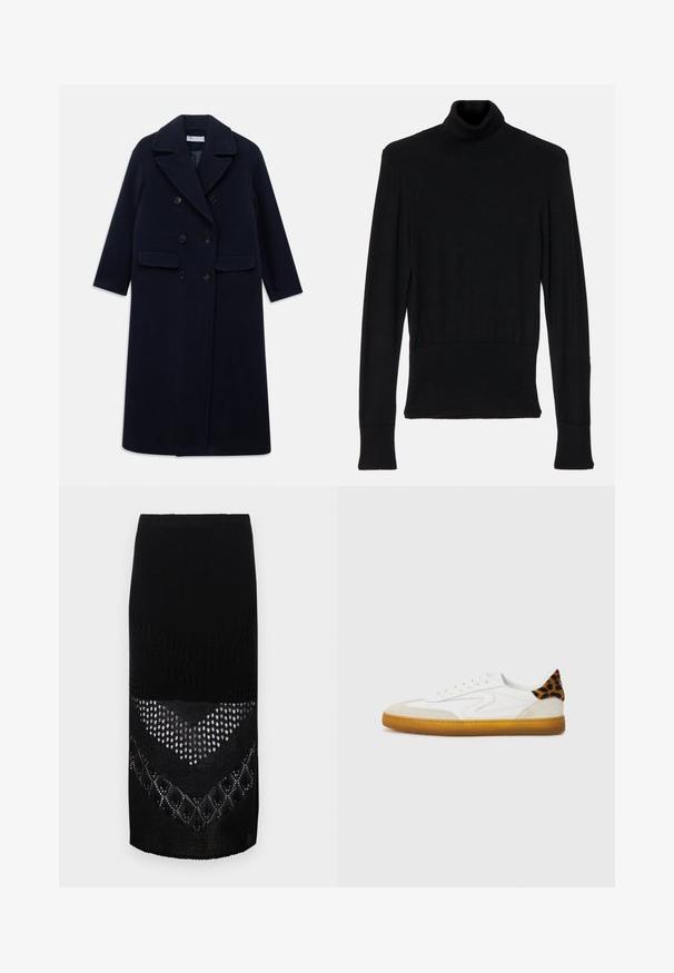 Palton lung, bleumarin, din lână, cu două rânduri de nasturi, cu rever larg, șase nasturi negri, două buzunare aplicate în față și mâneci lungi.; AERON TENDER LONG SLEEVED - Pulover - black; Fustă tricotată neagră cu un design texturat, prezentând modele variate, inclusiv țesături deschise și secțiuni solide, care ajunge ușor deasupra genunchilor.; Adidași albi cu un brad din suede texturat și piele, având o accente de imprimeu leopard pe călcâi și o talpă din cauciuc de culoare caramel.