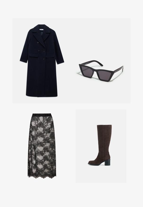 Lange marineblauwe dubbelzijdige wollen jas met brede revers, zes zwarte knopen, twee voorzakken met klep en lange mouwen.; Donkergrijze coltrui van een gestructureerd breiwerk, met losse mouwen en een oversized pasvorm, met opengewerkt detail op de schouders.; Zwarte kanten rok met een golfrand, voorzien van een bloempatroon en een doorschijnende textuur. Elastische tailleband voor comfortabel draagcomfort.; Bruine suède kniehoge laarzen met een blokhak en een gladde afwerking. Ronde neus en duidelijke naden op de schacht.; Zwarte, hoekige zonnebril met grijze lenzen; gemaakt van plastic, met dikke armen met een gladde oppervlakte en zonder zichtbare hardware.