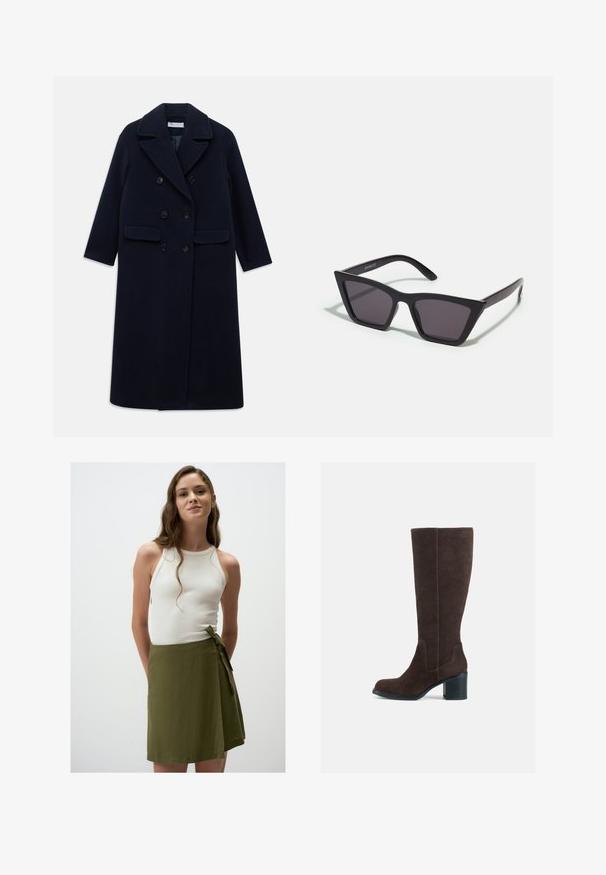 Lange marineblauwe dubbelzijdige wollen jas met brede revers, zes zwarte knopen, twee voorzakken met klep en lange mouwen.; Donkergrijze coltrui van een gestructureerd breiwerk, met losse mouwen en een oversized pasvorm, met opengewerkt detail op de schouders.; Witte geribde tanktop gecombineerd met een olijfgroene wikkelrok tot de knie met een strik in de taille. Soepele, lichte stof.; Bruine suède kniehoge laarzen met een blokhak en een gladde afwerking. Ronde neus en duidelijke naden op de schacht.; Zwarte, hoekige zonnebril met grijze lenzen; gemaakt van plastic, met dikke armen met een gladde oppervlakte en zonder zichtbare hardware.