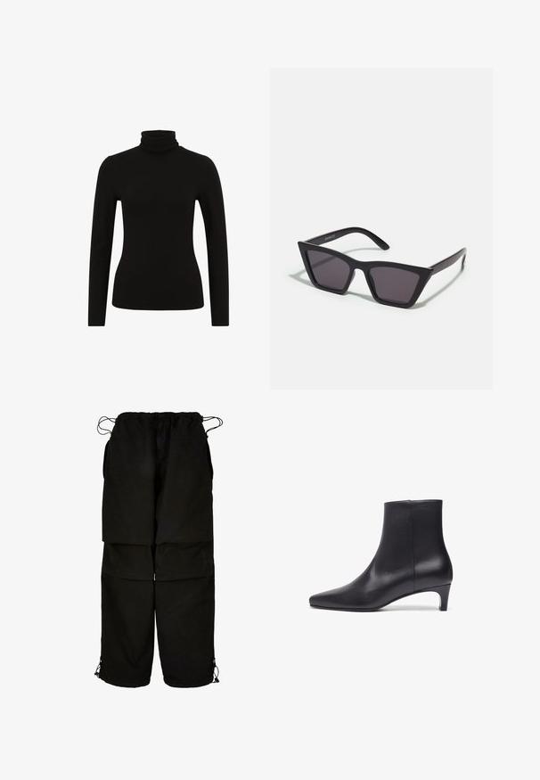 Langer navyblauer, doppelt geknöpfter Wollmantel mit breiten Revers, sechs schwarzen Knöpfen, zwei vorderen Klappentaschen und langen Ärmeln.; Dunkelgrauer Rollkragenpullover aus strukturiertem Strickmaterial, mit lockeren Ärmeln und oversized Passform sowie offenen Strickdetails an den Schultern.; Schwarzes Langarm-Polo mit schmaler Passform, hergestellt aus weichem, dehnbarem Stoff. Glatte Textur und minimale Details.; Schwarze Hose aus leichtem Material, mit verstellbarem Bund und Kordelzug am Saum. Entworfen mit einer lockeren, oversized Passform und mehreren Taschen.; Schwarze Lederstiefelette mit spitzer toe, glatter Textur und moderatem Absatz, die sich durch ein schlankes Design ohne sichtbare Beschläge oder Akzente auszeichnet.; Schwarze, eckige Sonnenbrille mit grauen Gläsern; aus Kunststoff gefertigt, mit dicken Bügeln, die eine glatte Oberfläche und keine sichtbaren Beschläge haben.