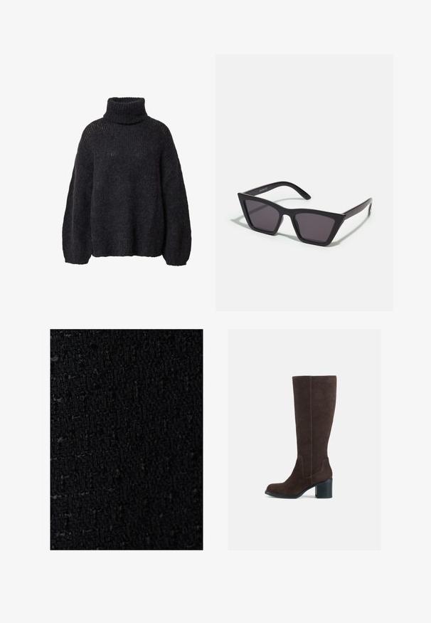 Lange marineblauwe dubbelzijdige wollen jas met brede revers, zes zwarte knopen, twee voorzakken met klep en lange mouwen.; Donkergrijze coltrui van een gestructureerd breiwerk, met losse mouwen en een oversized pasvorm, met opengewerkt detail op de schouders.; Geweven zwarte stof met een textuur, voorzien van een subtiele ruitpatroon, wat suggereert dat het een duurzaam en gestructureerd materiaal is.; Bruine suède kniehoge laarzen met een blokhak en een gladde afwerking. Ronde neus en duidelijke naden op de schacht.; Zwarte, hoekige zonnebril met grijze lenzen; gemaakt van plastic, met dikke armen met een gladde oppervlakte en zonder zichtbare hardware.