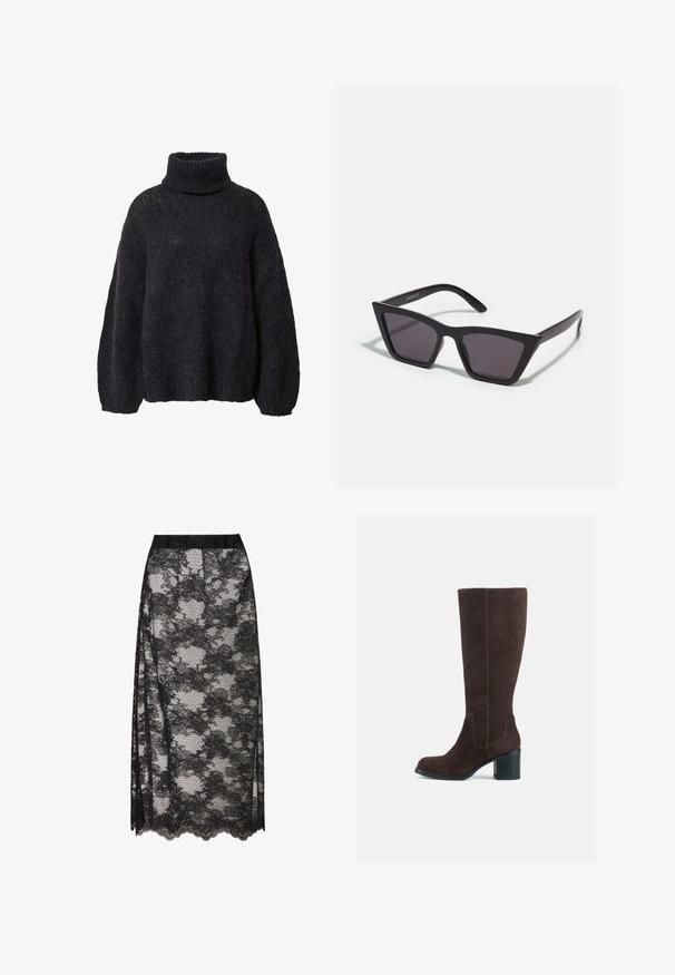 Lange marineblauwe dubbelzijdige wollen jas met brede revers, zes zwarte knopen, twee voorzakken met klep en lange mouwen.; Donkergrijze coltrui van een gestructureerd breiwerk, met losse mouwen en een oversized pasvorm, met opengewerkt detail op de schouders.; Zwarte kanten rok met een golfrand, voorzien van een bloempatroon en een doorschijnende textuur. Elastische tailleband voor comfortabel draagcomfort.; Bruine suède kniehoge laarzen met een blokhak en een gladde afwerking. Ronde neus en duidelijke naden op de schacht.; Zwarte, hoekige zonnebril met grijze lenzen; gemaakt van plastic, met dikke armen met een gladde oppervlakte en zonder zichtbare hardware.