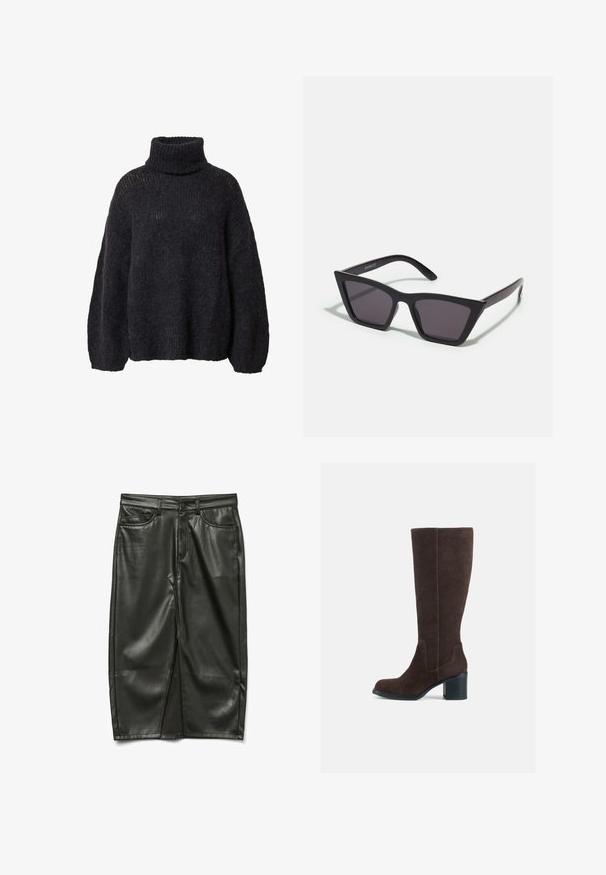 Lange marineblauwe dubbelzijdige wollen jas met brede revers, zes zwarte knopen, twee voorzakken met klep en lange mouwen.; Donkergrijze coltrui van een gestructureerd breiwerk, met losse mouwen en een oversized pasvorm, met opengewerkt detail op de schouders.; Zwarte leren rok met een getailleerd ontwerp, voorzakken en een split aan de voorkant, met een gladde textuur en een strakke afwerking.; Bruine suède kniehoge laarzen met een blokhak en een gladde afwerking. Ronde neus en duidelijke naden op de schacht.; Zwarte, hoekige zonnebril met grijze lenzen; gemaakt van plastic, met dikke armen met een gladde oppervlakte en zonder zichtbare hardware.