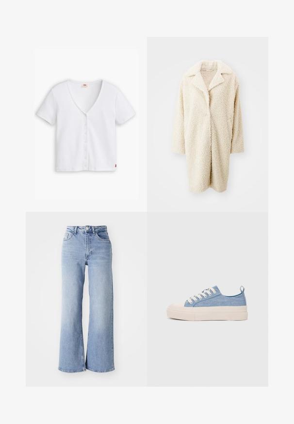 Cremefarvet, fluffy faux fur frakke med en stor krave, åben front og trekvartærmer. Den har to sidelommer og en afslappet pasform.; Hvid ribbet kortærmet top med dyb V-udskæring, prydet med en række af seks knapper foran og et lille rødt logo på kanten.; Lysblå højtaljede brede jeans med for- og baglommer, knaplukning og subtil falming på lårene og kantene.; Lyseblå lærredssneakers med en cremefarvet gummitåhætte og sål, udstyret med hvide snørebånd og en træksløjfe på hælen.