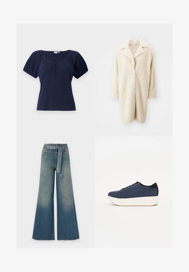 Cremefarvet, fluffy faux fur frakke med en stor krave, åben front og trekvartærmer. Den har to sidelommer og en afslappet pasform.; Mørkeblå kortærmet top med scoop halsudskæring, ribbet tekstur og sammensyninger på skuldrene for ekstra form og volumen.; Bredbens-denimbukser med en lys til mørk blå gradient, høj talje, bælteløkker og et matchende stofbælte. Tekstureret denimfinish.; Mørkeblå sneakers med en struktureret stofoverdel, hvid platformssål, rund tå og sort hælakkent. Har seks snøreøjer til snørebånd.