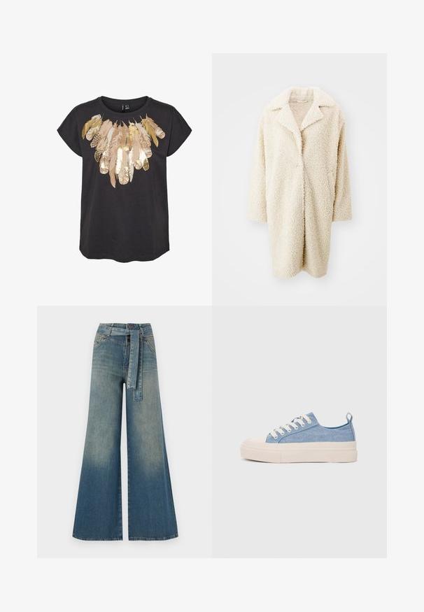Crème-kleurige, donzige nepbontjas met een grote kraag, open voorkant en driekwartmouwen. Heeft twee zijzakken en een ontspannen pasvorm.; Zwart T-shirt met korte mouwen, voorzien van een veerontwerp met gouden en beige accenten op de borst. Lichtgewicht katoenmateriaal.; Wijduitlopende denim broek met een lichte naar donkere blauwe gradient, hoge taille, riemlussen en een bijpassende stoffen riem. Gestructureerde denimafwerking.; Lichtblauwe canvas sneakers met een crème rubberen neuskap en zool, voorzien van witte veters en een trekstrip op de hiel.