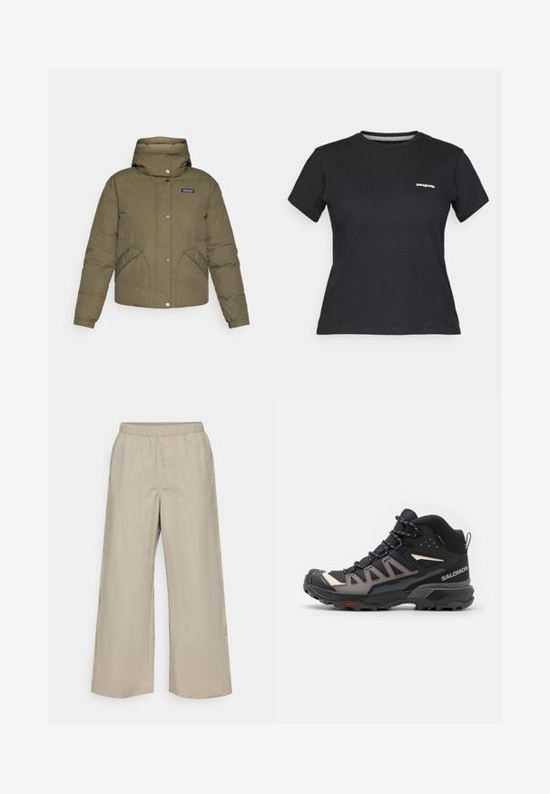 Patagonia DOWNDRIFT - Jachetă cu puf - basin green; Tricou negru din bumbac, cu gât rotund și mânecă scurtă. Are un logo alb "Patagonia" în zona stângă a pieptului.; Pantaloni evazați din material bej deschis, cu o talie elastică, textură netedă și fără elemente de accesorii sau modele vizibile.; Botă de drumeție negre și gri, cu materiale din plasă și sintetice, talpă robustă, design cu șireturi și vârf întărit. Logo-ul mărcii este vizibil.