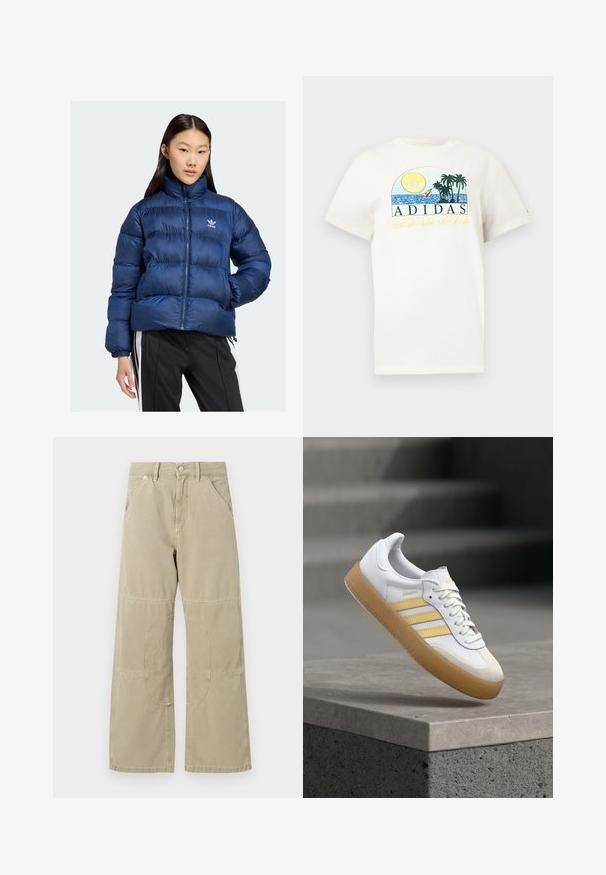 Marineblå puffjakke med høy krage, med frontlukking og elastiske mansjetter, prydet med Adidas-logoen på brystet.; Hvit bomulls t-skjorte med grafisk design som viser en sol, palmer og vann. "ADIDAS Sports Club" trykket i grønt og gult.; Beige rette benbukser med forsterkede knepplater, front- og baklommer, beltehemper og knappeåpning i midjen.; Hvit lær-sneaker med gule detaljer, tre striper og en såle i gummi. Har avrundet tå og strukturert tunge.