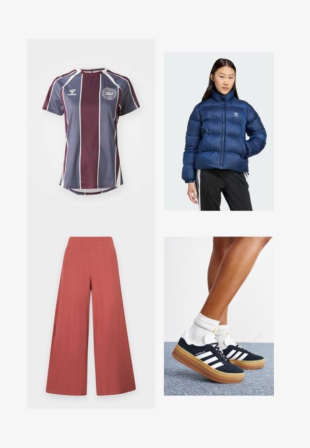 Námornícky modrá puffová bunda s vysokým golierom, vybavená predným zipsom a elastickými manžetami, zdobená logom Adidas na hrudi.; Bordovo-modrý pruhovaný športový dres s krátkymi rukávmi. Obsahuje okrúhly výstrih, biele akcenty a okrúhly logo na hrudi.; Nohavice s širokými nohavicami v hnedej farbe, vyrobené z textúrovaného materiálu s vertikálnym rebrovaním. Majú vysoký, elastický pás.; Čierne semišové tenisky s bielymi pruhmi a detailmi, so zaoblenou špičkou, podrážkou z gumovej gumy, doplnené bielymi rebrovanými ponožkami.