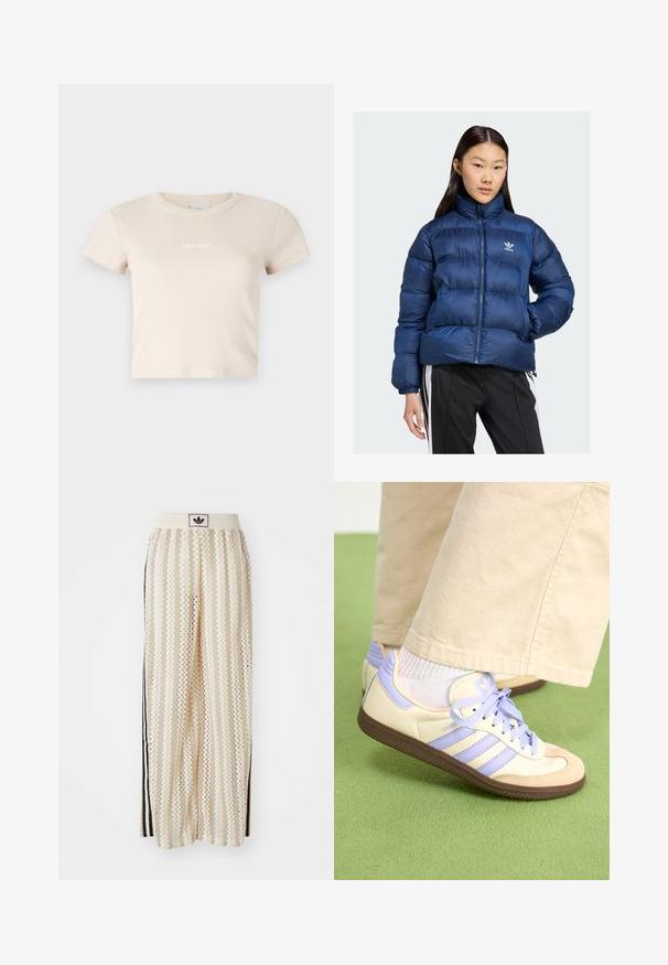 Marineblå puffjakke med høy krage, med frontlukking og elastiske mansjetter, prydet med Adidas-logoen på brystet.; Beige kort t-skjorte laget av ribbet stoff, med rund hals og korte ermer. Inkluderer en liten kontrastlogo på fronten.; Kremfargede bukser med brede ben og zigzag-mønster, med en svart logo-linning og svarte striper på siden. Lett, teksturert stoff.; Kremfargede og lavendelfargede joggesko med tre striper og en teksturert brun såle, med lisser og en polstret hæl. Mykt stofføvre.