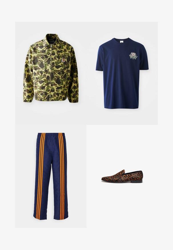 Camouflage jacket made of cotton in green and brown hues. Features a zip closure, collar, and side pockets. Reflective logo patch detail.; Navy blue cotton t-shirt with short sleeves, round neckline, and embroidered logo featuring laurel accents on the left chest.; Blue track pants with an all-over pattern and orange stripes down the sides, featuring a comfortable elastic waistband and loose fit.; Leopard print loafers with a sleek shape, made from textured material, featuring a low heel and contrasting black accents.