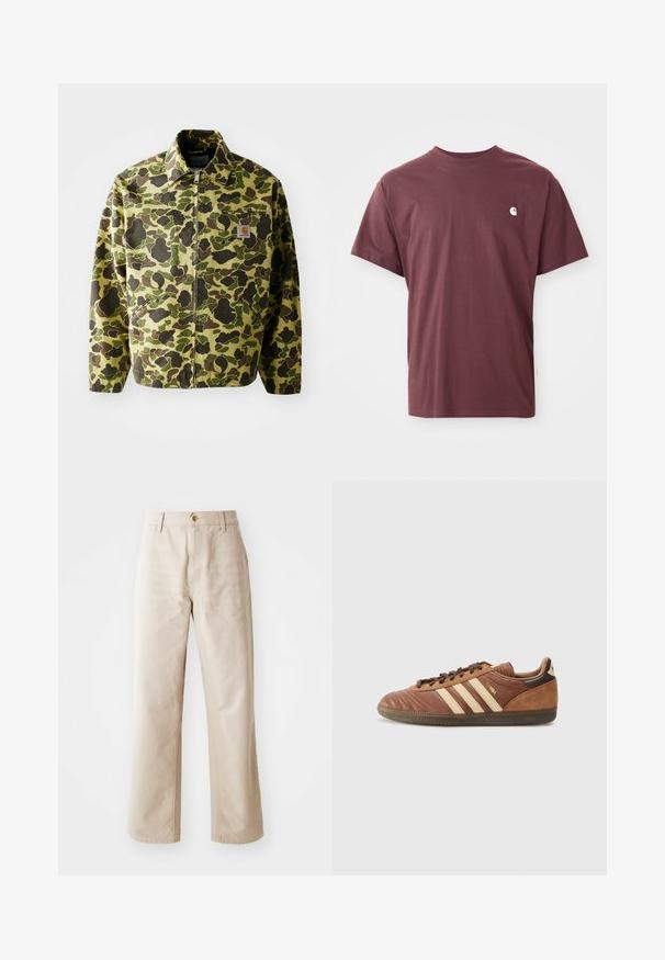 Jakna u kamuflažnom uzorku, izrađena od pamuka u zelenim i smeškastim tonovima. Ima zatvaranje na zip, ovratnik i bočne džepove. Detalj reflektirajuće oznake.; Bordo pamučna majica kratkih rukava, okruglog izreza, s malim bijelim logom na lijevoj strani prsnog koša. Glatka tekstura, opušteni kroj.; Bež široke pamučne hlače s glatkom teksturom, prednjim zatvaranjem na dugme, petljama za remen i dva bočna džepa.; adidas Originals SAMBA UNISEX - Tenisice - preloved brown/sand strata/dark brown
