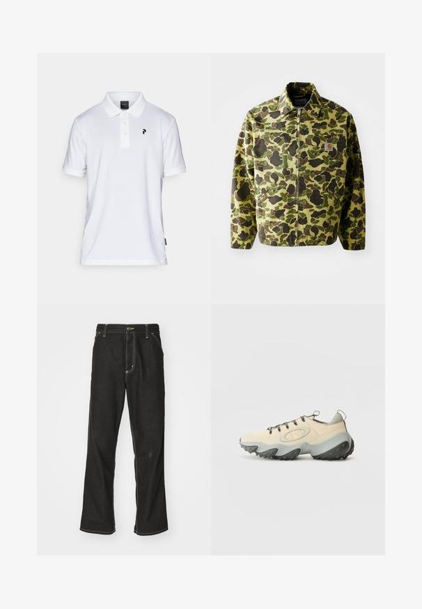 Tarnjacke aus Baumwolle in Grüntönen und Brauntönen. Verfügt über einen Reißverschluss, einen Kragen und Seitentaschen. Reflektierendes Logopatch-Detail.; Weißes Polohemd aus glattem Stoff mit einer Knopfleiste mit drei Knöpfen und einem kleinen schwarzen Logo auf der linken Brust. Kurze Ärmel, klassische Passform.; Schwarze Denim-Jeans mit lockerer Passform, kontrastierenden weißen Nähten, einem Knopfverschluss und geradem Bein.; Beige Sport Schuhe mit einem strukturierten Mesh-Obermaterial, grauer Gummisohle, auffälligem geschwungenem Design und grauen Schnürsenkeln. Mit einer Zuglasche an der Ferse.