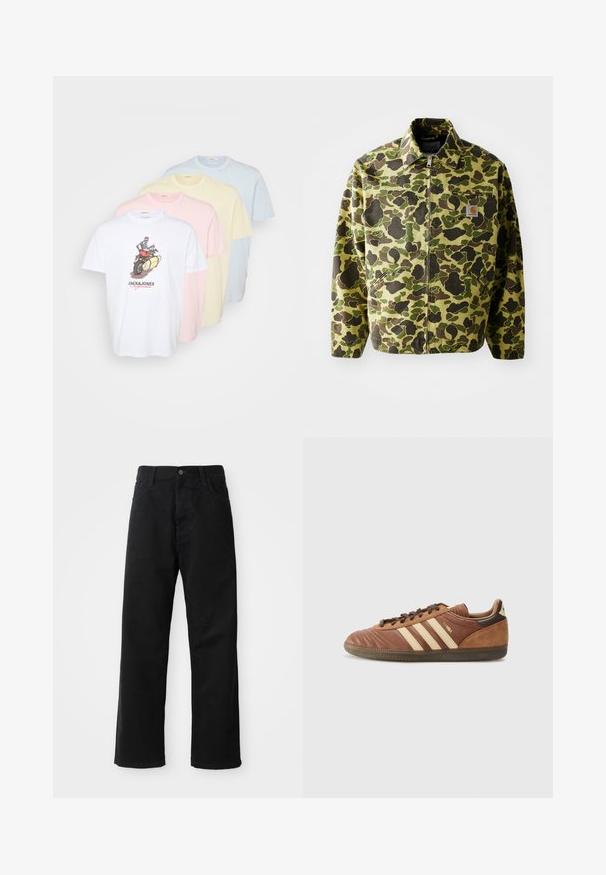 Kamuflasjejakke laget av bomull i grønne og brune nyanser. Har glidelås, krage og sidelommer. Reflekterende logopatch-detalj.; Pakke med fire bomulls-t-skjorter i hvit, rosa, gul og lyseblå. Har et grafisk trykk på den hvite skjorten. Klassisk rund hals-design.; Svart denimbukser med rett snitt, med frontlommer, glidelåsgylf og en enkelt knapp i toppen. Teksturert stoff med matt overflate.; adidas Originals SAMBA UNISEX - Joggesko - preloved brown/sand strata/dark brown