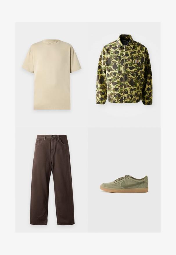 Camouflage jacket made of cotton in green and brown hues. Features a zip closure, collar, and side pockets. Reflective logo patch detail.; Beige cotton t-shirt with a round neckline, short sleeves, and a relaxed fit. Smooth texture with no visible patterns or accents.; Brown wide-leg pants made of cotton, featuring a classic five-pocket design, a zip fly, and visible stitching details.; Green suede sneaker with a gum rubber sole, round toe, and lace-up design. Features Nike's signature logo in a darker green.