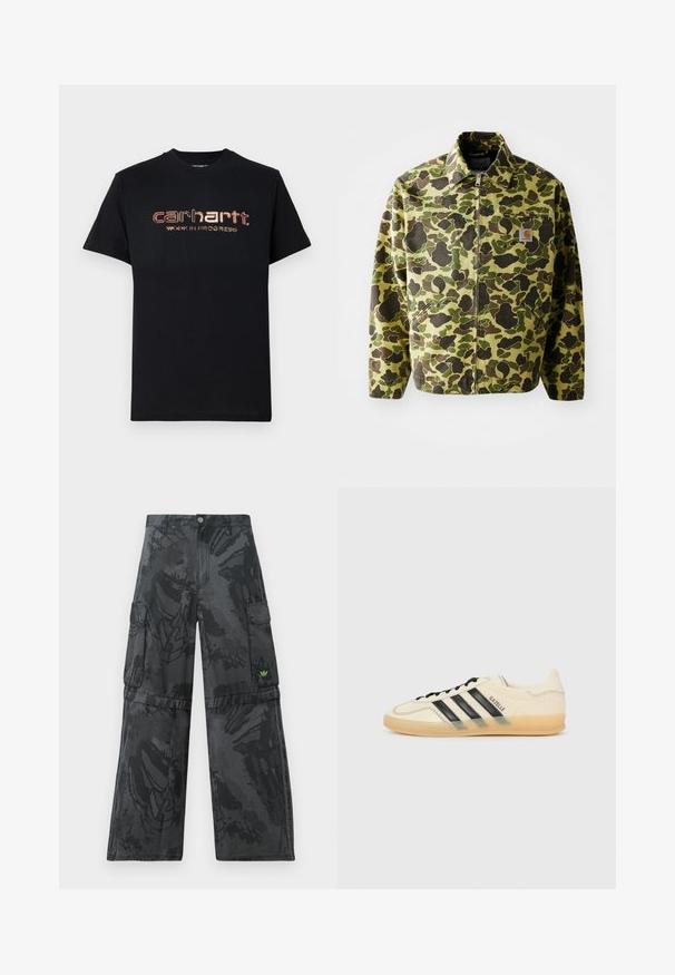 Maskovací bunda vyrobená z bavlny v zelených a hnědých odstínech. Má zipový uzávěr, límec a boční kapsy. Detail s odrazovým logem.; Černé bavlněné tričko s krátkými rukávy a kulatým výstřihem. Na přední straně se nachází kovově červený a zlatý text: "carhartt. WORK IN PROGRESS."; Černé cargo kalhoty s texturovaným tmavým vzorem. Díky několika bočním kapsám a malému zelenému logu na přední straně.; Světle krémové tenisky s černým designem tří pruhů,Texturovaný svršek, kulatá špička a gumová podešev. Obsahují šněrování a branding po straně.
