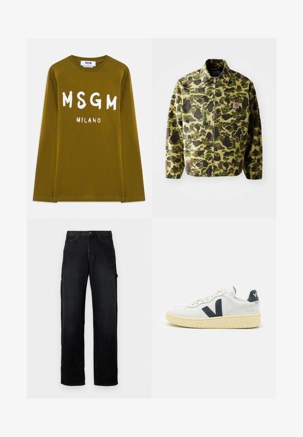 Kamuflaažitakki, joka on valmistettu puuvillasta vihreissä ja ruskeissa sävyissä. Varusteena vetoketjukiinnitys, kaulus ja sivutaskut. Heijastava logopatch-yksityiskohta.; Oliivivihreä pitkähihainen t-paita, joka on valmistettu puuvillasta ja jossa on iso valkoinen "MSGM" ja "MILANO" -teksti painettuna eteen.; Musta farkkuhousut suoran lahkeen muotoilulla, joissa on etutaskut, nappikiinnitys ja sivutaskut ylimääräistä säilytystä varten.; Valkoinen nahkainen lenkkitossu, jossa on tummansinisiä yksityiskohtia. Tossuissa on paksu pohja, nauhakiinnitys ja näkyvä sivulogot. Pintakuviointi ja minimalistinen muotoilu.