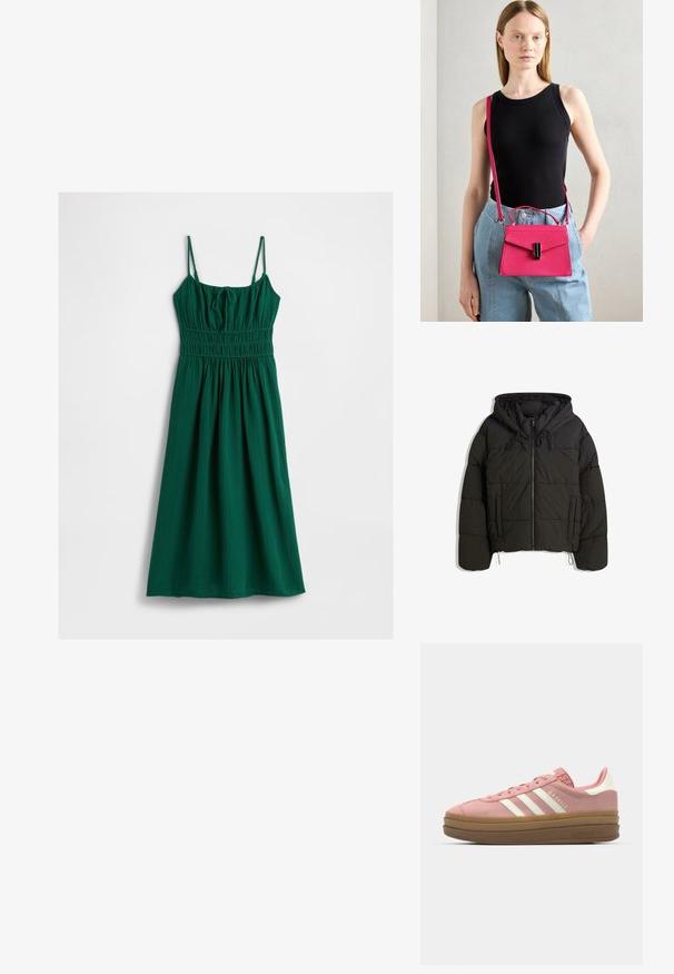 Fekete párnázott dzseki kapucnival, elöl cipzárral, zsinórokkal és oldalsó zsebekkel. Jól steppelt textúráú, rövidített kialakítású.; Zöld ruha texturált anyagból, állítható pántokkal és smockolt bodiccial, amely egy fodros szoknyába folyik át.; adidas Originals GAZELLE BOLD - Sportcipő - mauve/off white; Rózsaszín, struktúrált kézitáska, hajtóka záródással és fekete kiegészítőkkel. Keresztben hordható, hosszú pánttal. Simaság jellemzi.