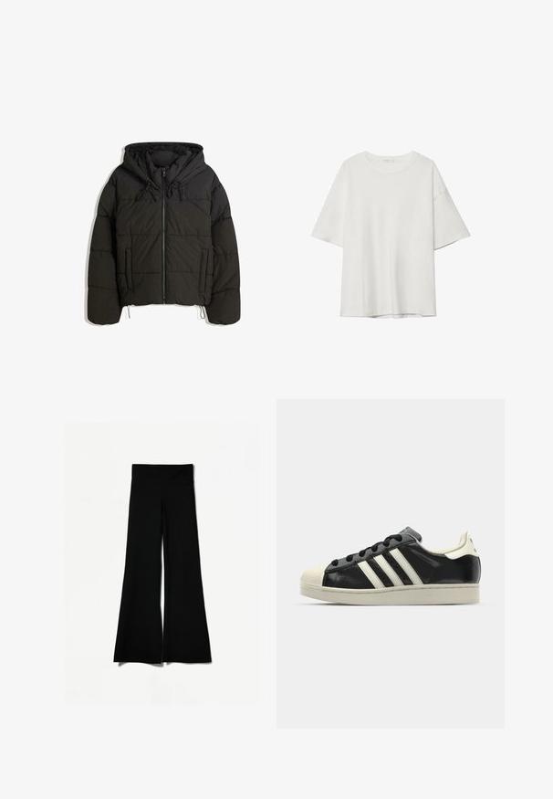 Giacca nera imbottita con cappuccio, dotata di zip frontale, lacci e tasche laterali. Texture trapuntata con un design corto.; T-shirt bianco a maniche corte con scollatura rotonda e vestibilità ampia. Realizzato in tessuto morbido senza pattern o dettagli visibili.; Pantaloni neri a palazzo con una linea ampia, caratterizzati da una texture liscia e un alto punto vita. Realizzati in tessuto elasticizzato per un comfort ottimale.; Sneaker in pelle nera con strisce bianche, punta in gomma, lacci neri e suola di colore crema. Texture liscia con finitura brillante.
