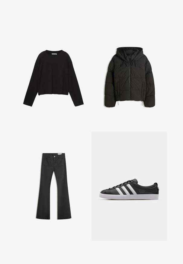 Sort polstret jakke med hætte, der har lynlås foran, snoretræk og sidelommer. Vatteret struktur med en cropped design.; Sort cropped skjorte med lange ærmer lavet af blødt bomuld. Har rund halsudskæring og løs pasform med sænket skuldre. Ingen synlige mønstre eller accenter.; Sorte flared jeans lavet af denim med en glat tekstur, som har to baglommer og en knaplukning i taljen.; Sorte lædersneakers med hvidt tre-stribe-design, rund tå, flad hvid gummisål og branddetalje på siden.