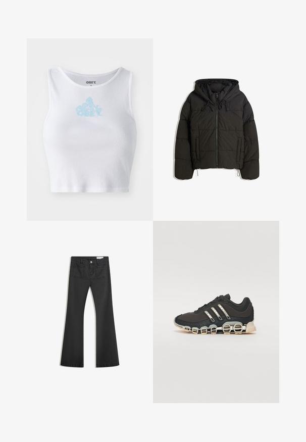 Črna podložena jakna s kapuco, ki ima sprednji zadrgo, vrvico in stranske žepke. Hrbtnik je prešit in zasnova je krajša.; Bela rebrasta kratka majica s okruglim izrezom i svijetloplavim logotipom "OBEY" centriranim na prsima. Glatka tekstura i tijesni dizajn.; Črne flare traperke z gladko teksturo, opremljene z dvema zadnjima žepoma in gumbnim zapiranjem v pasu.; Črne športne čevlje z teksturiranim zgornjim delom, tremi srebrnimi črtami in značilno blažilno podplatom, ki vključuje več integriranih delov.